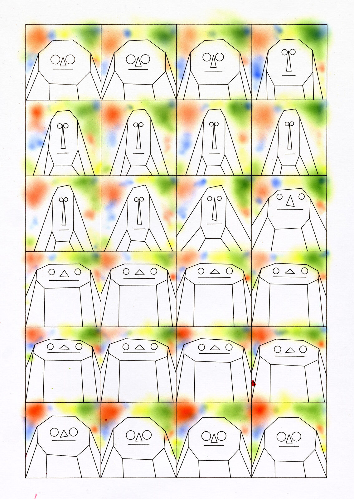 Daniel Savage hexagonal faces pen plotter print, geometric portrait grid with hexagonal distortion, experimental illustration design