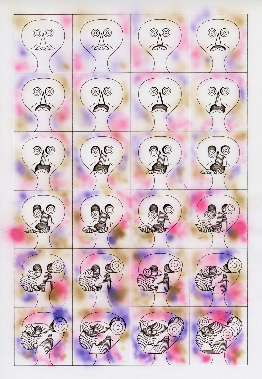 Daniel Savage echo faces color pen plotter print, overlapping portrait outlines in vibrant color, generative portrait illustration