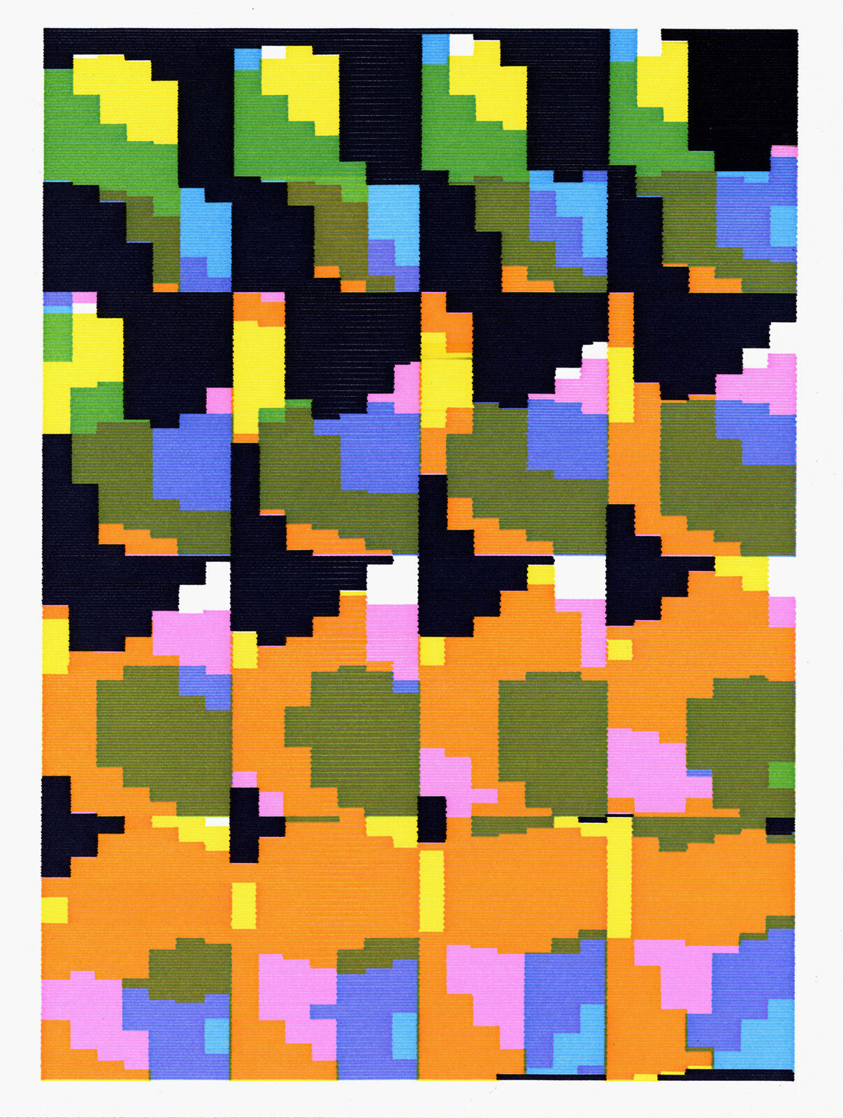 Daniel Savage abstract grid still, colorful geometric pen plotter print with layered rectangular forms, fine art illustration