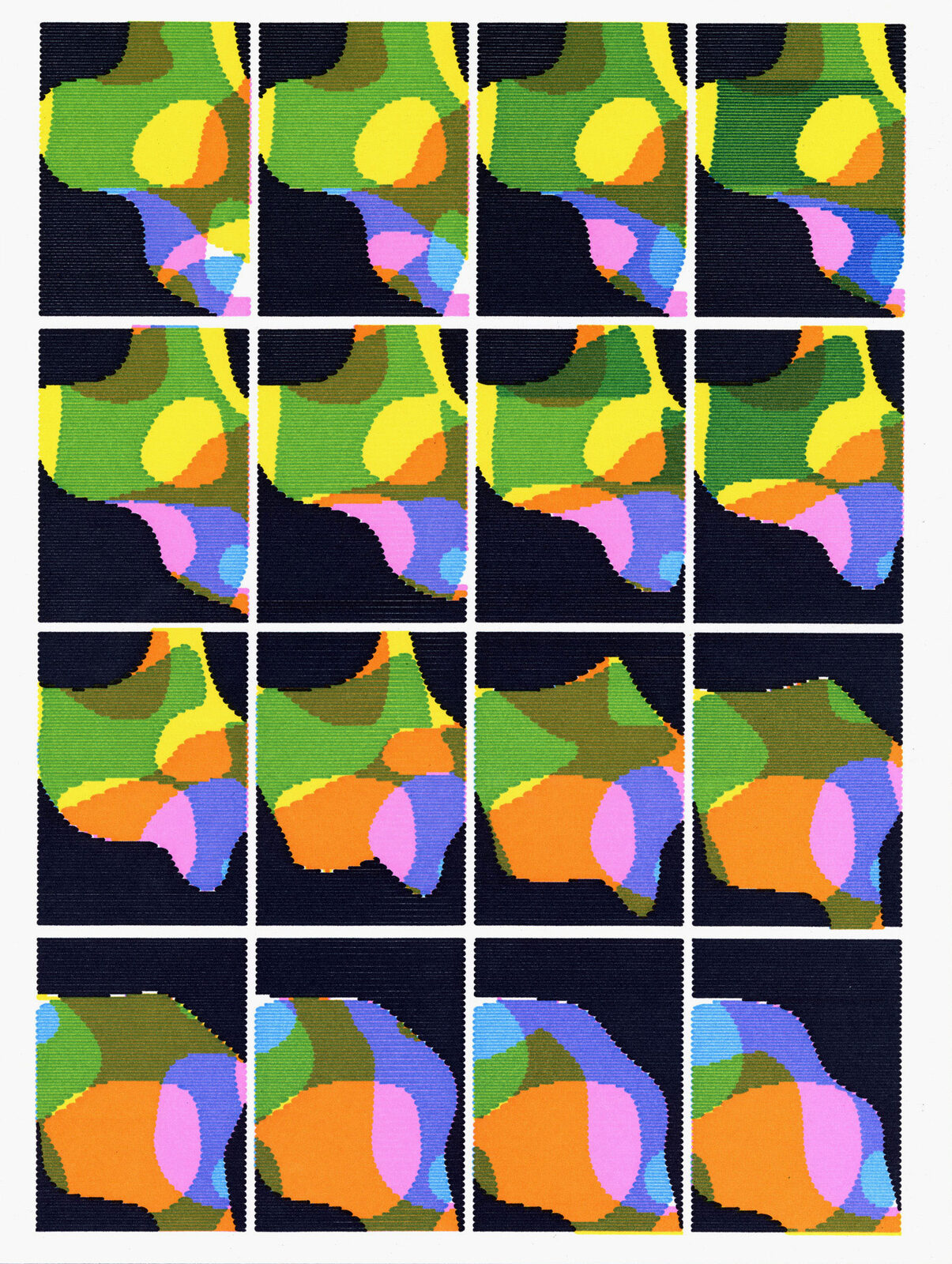 Daniel Savage abstract shapes still, pen plotter drawing with overlapping organic forms in saturated color, generative art print