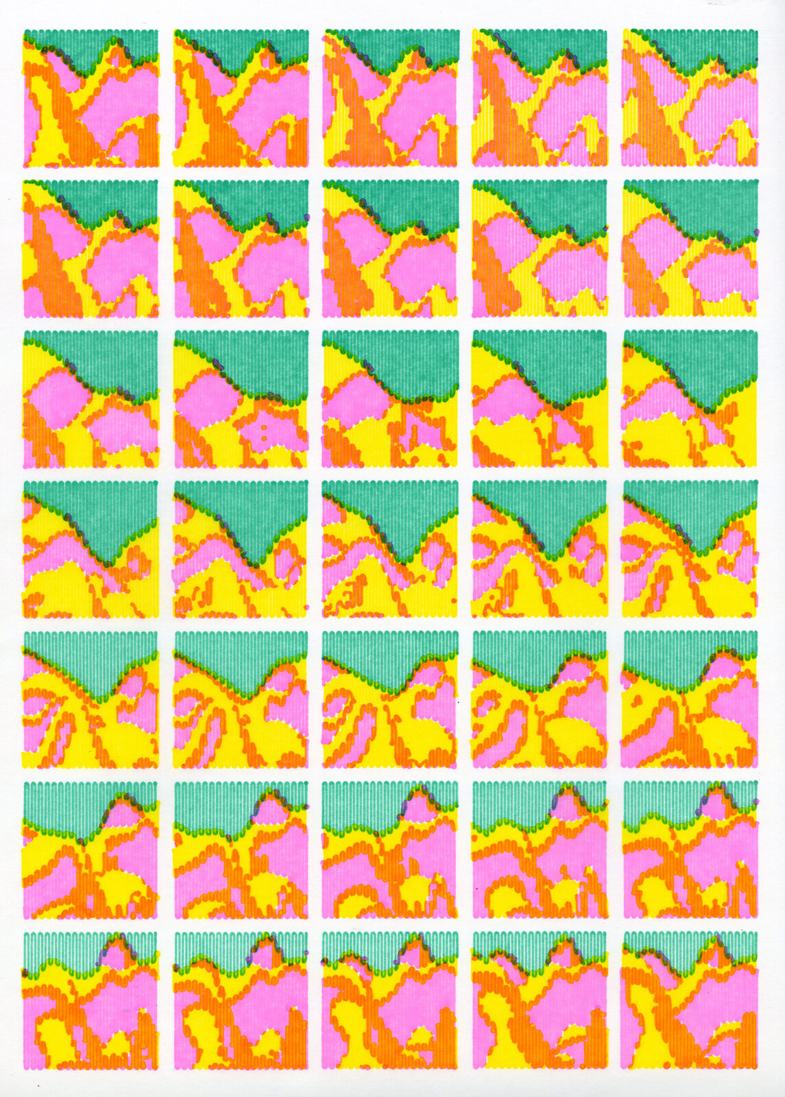 Daniel Savage color mountain print, pen plotter landscape illustration with layered mountain silhouettes in vivid color