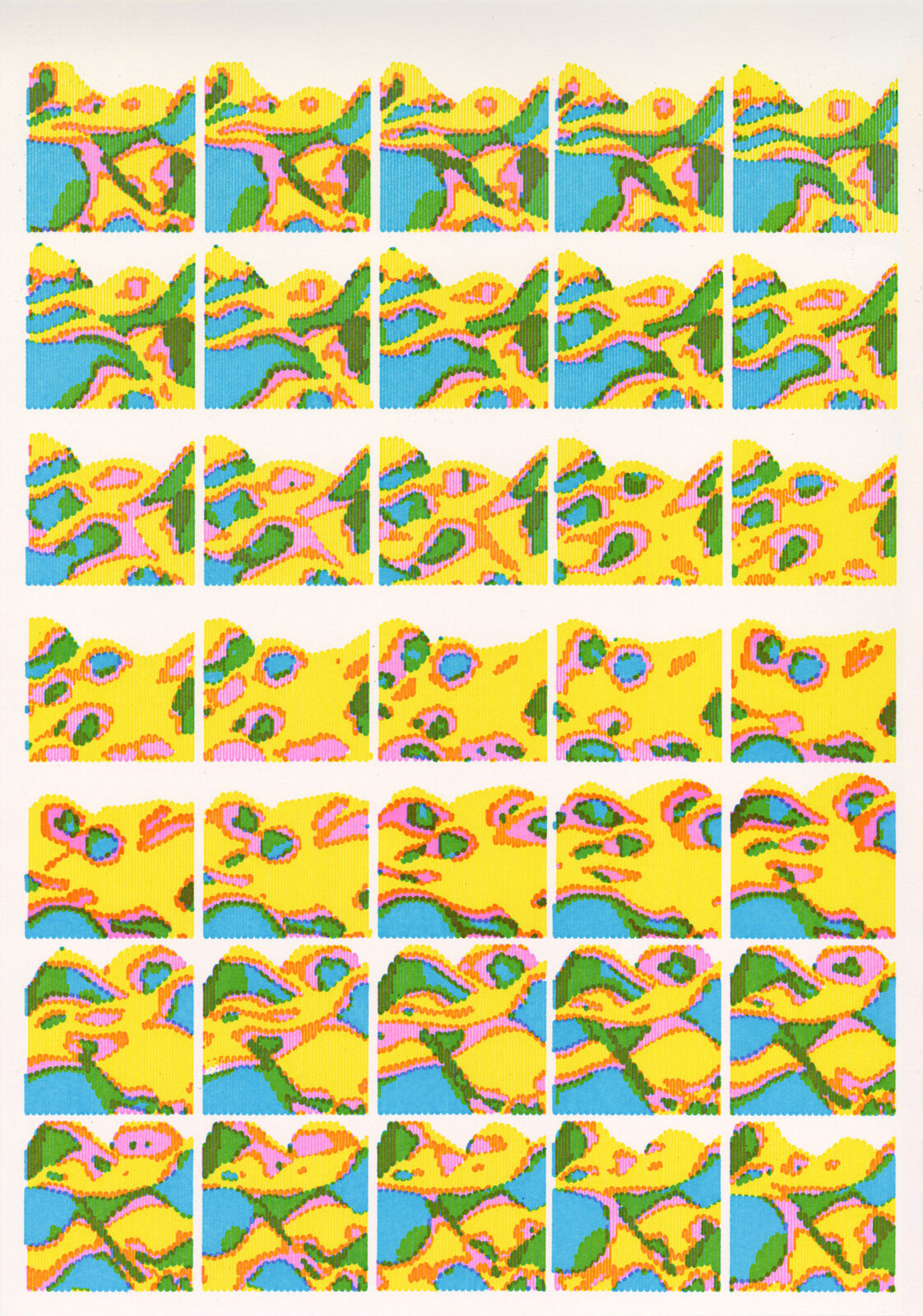 Daniel Savage mountain panoramic strip, horizontal pen plotter mountain range with atmospheric gradient layers, generative art print