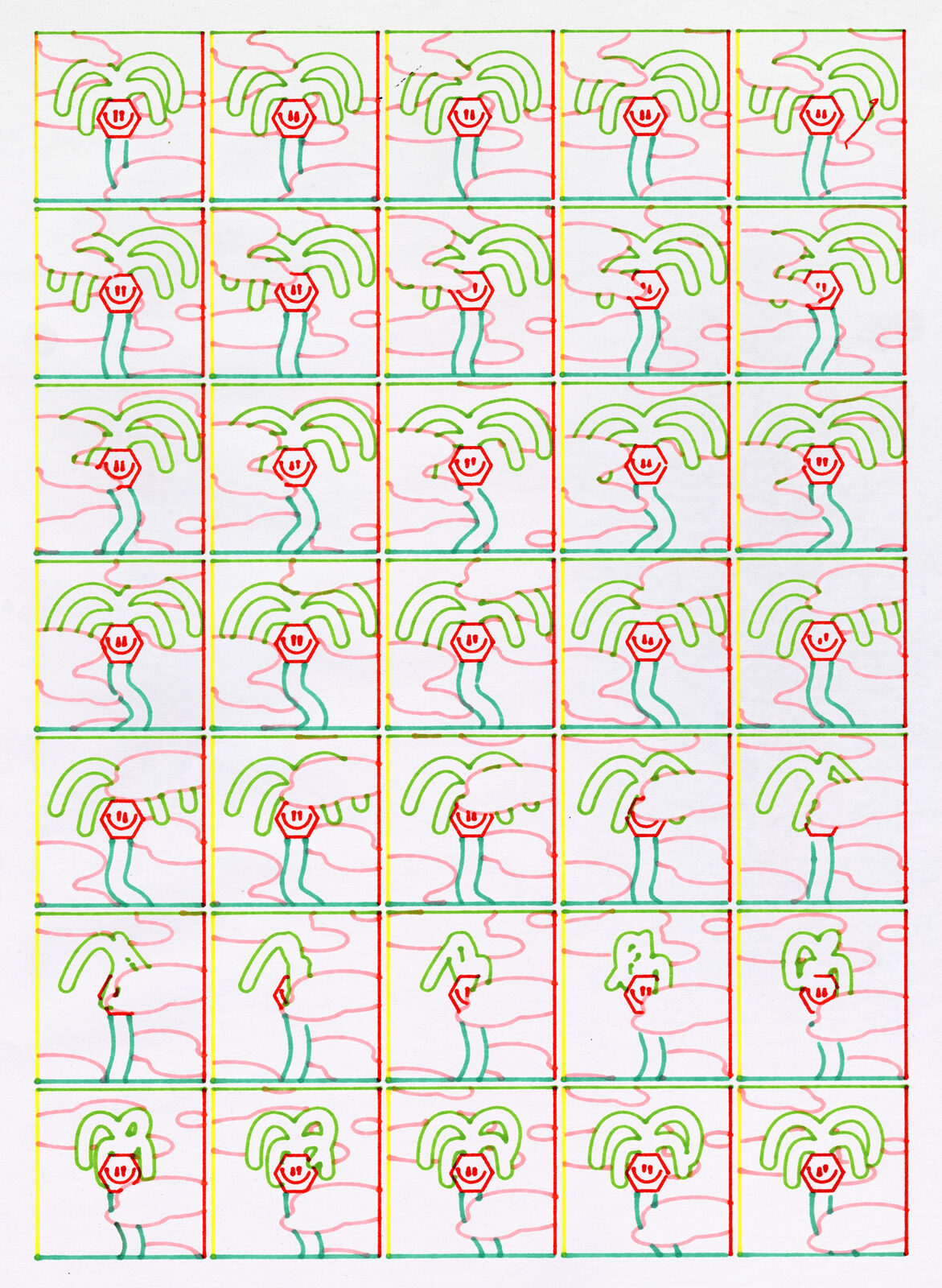 Daniel Savage palm trees pen plotter print, tropical landscape illustration with line-drawn palms, generative art design