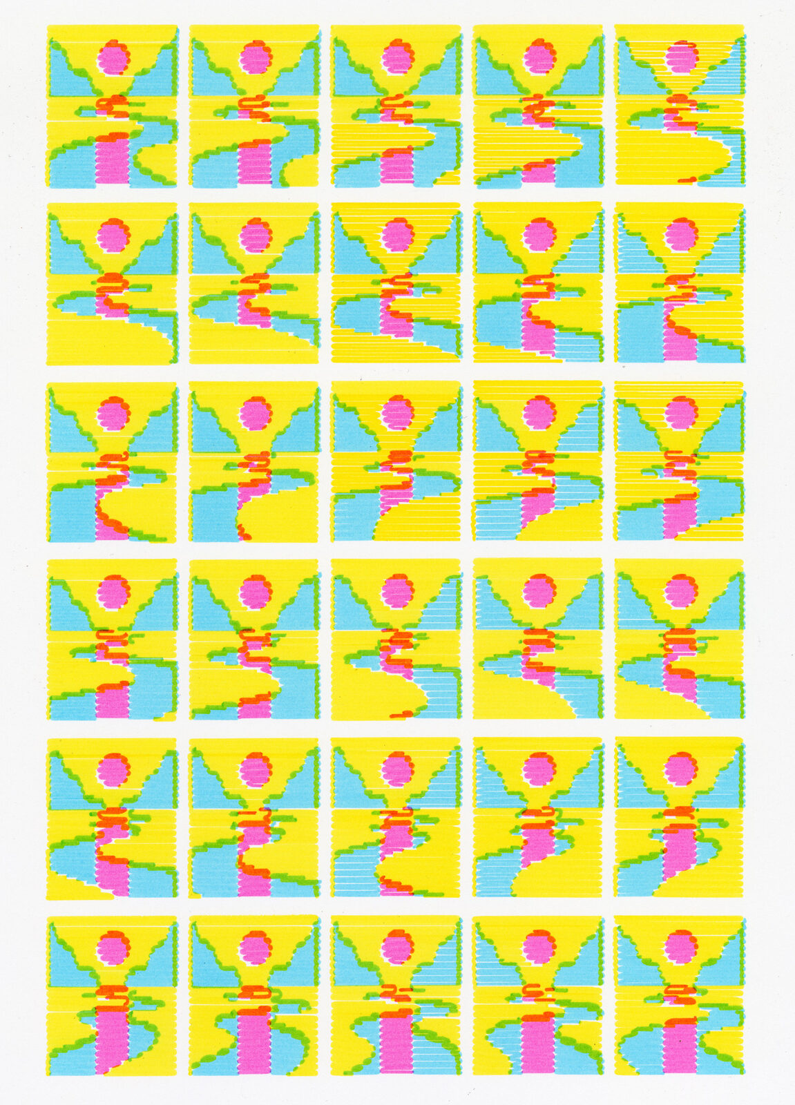 Daniel Savage yellow river pen plotter print, flowing water topography in golden tones, generative landscape illustration