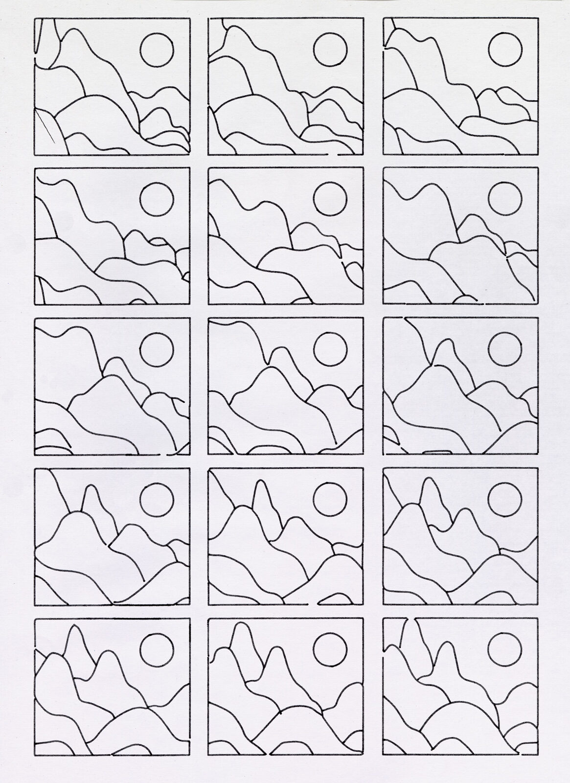 Daniel Savage sunset sketches pen plotter print, minimal landscape studies with muted color palette, generative illustration