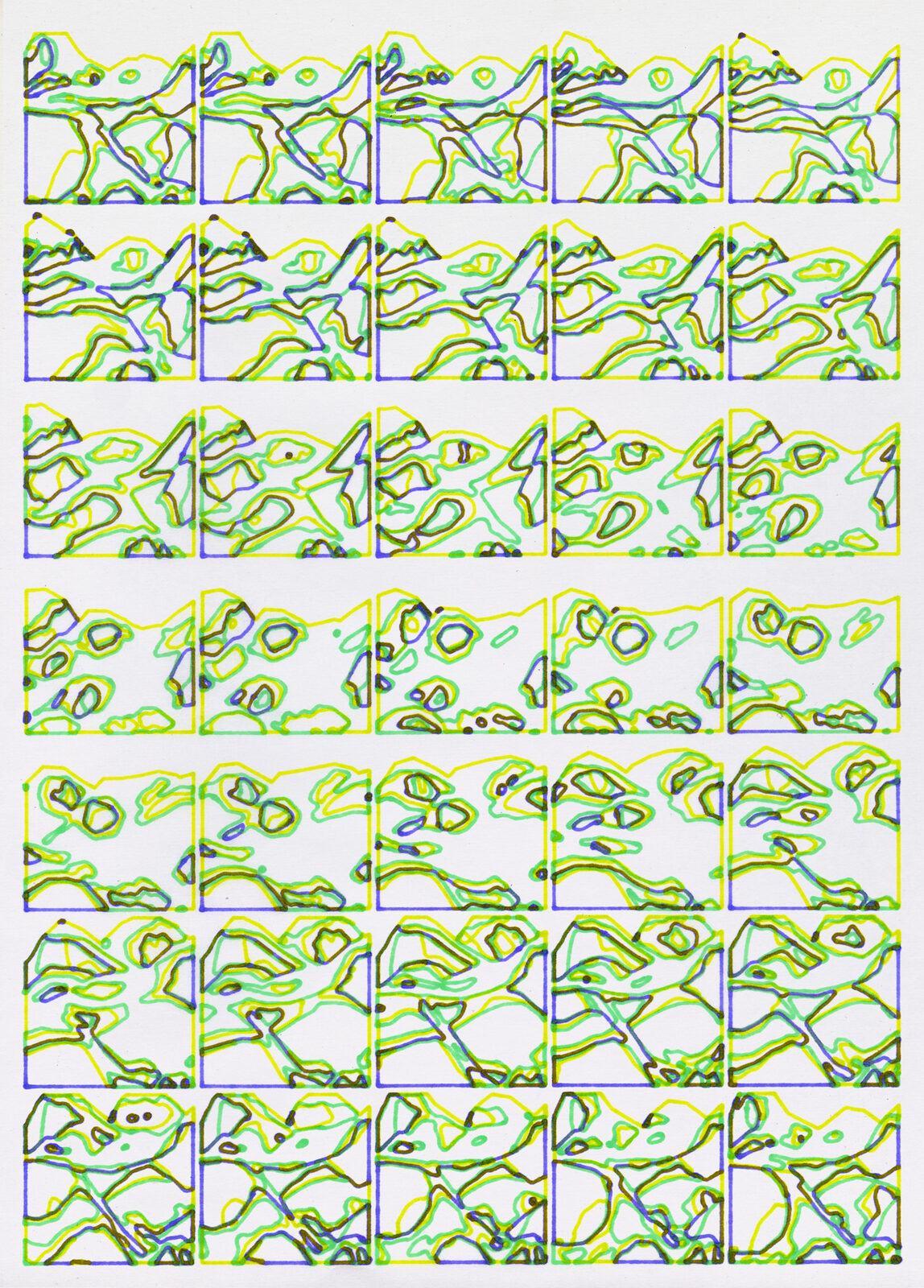 Daniel Savage mountain outline pen plotter print, minimalist mountain contour drawing, generative landscape illustration