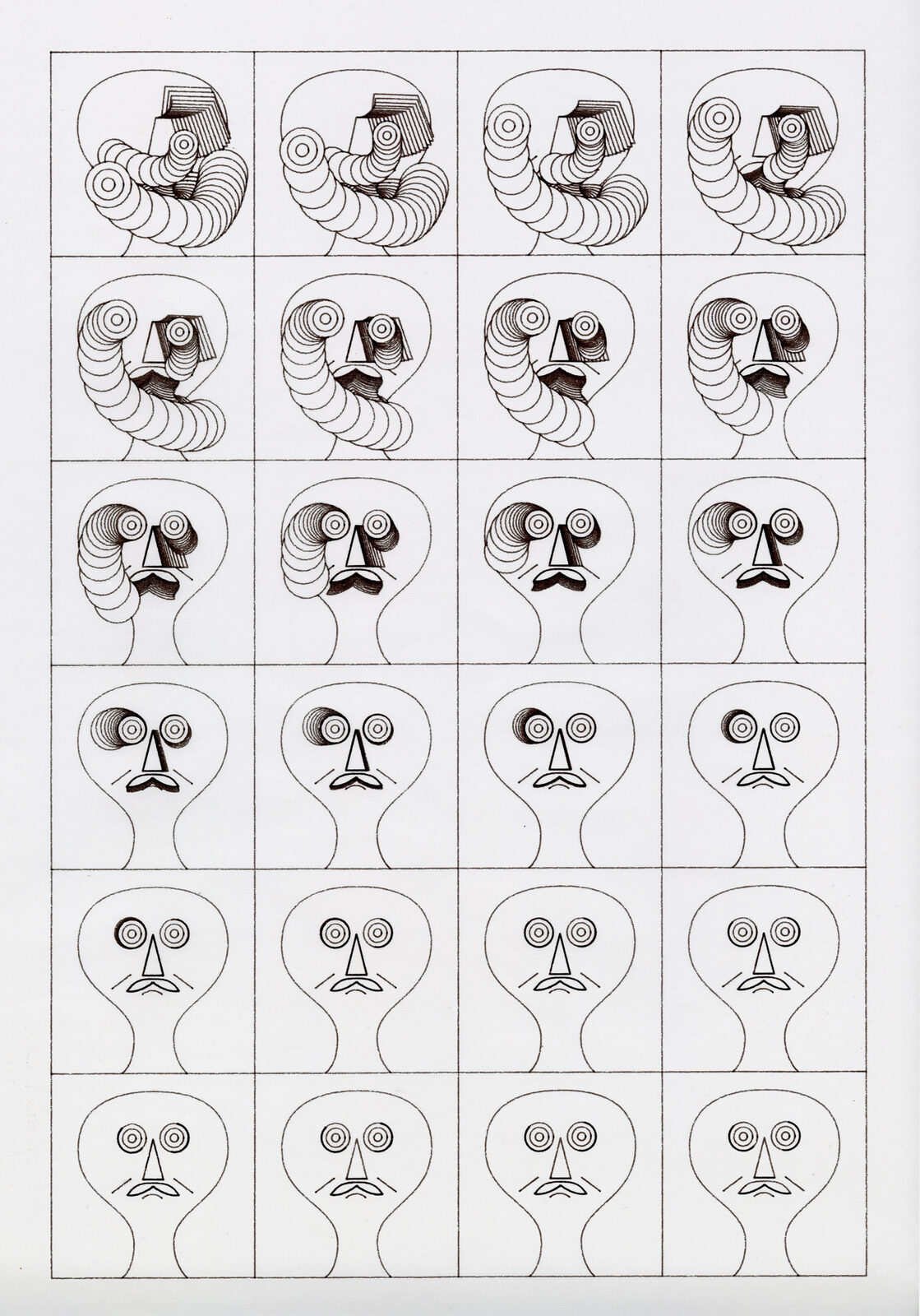 Daniel Savage echo faces black and white pen plotter print, overlapping portrait outlines in monochrome, generative illustration