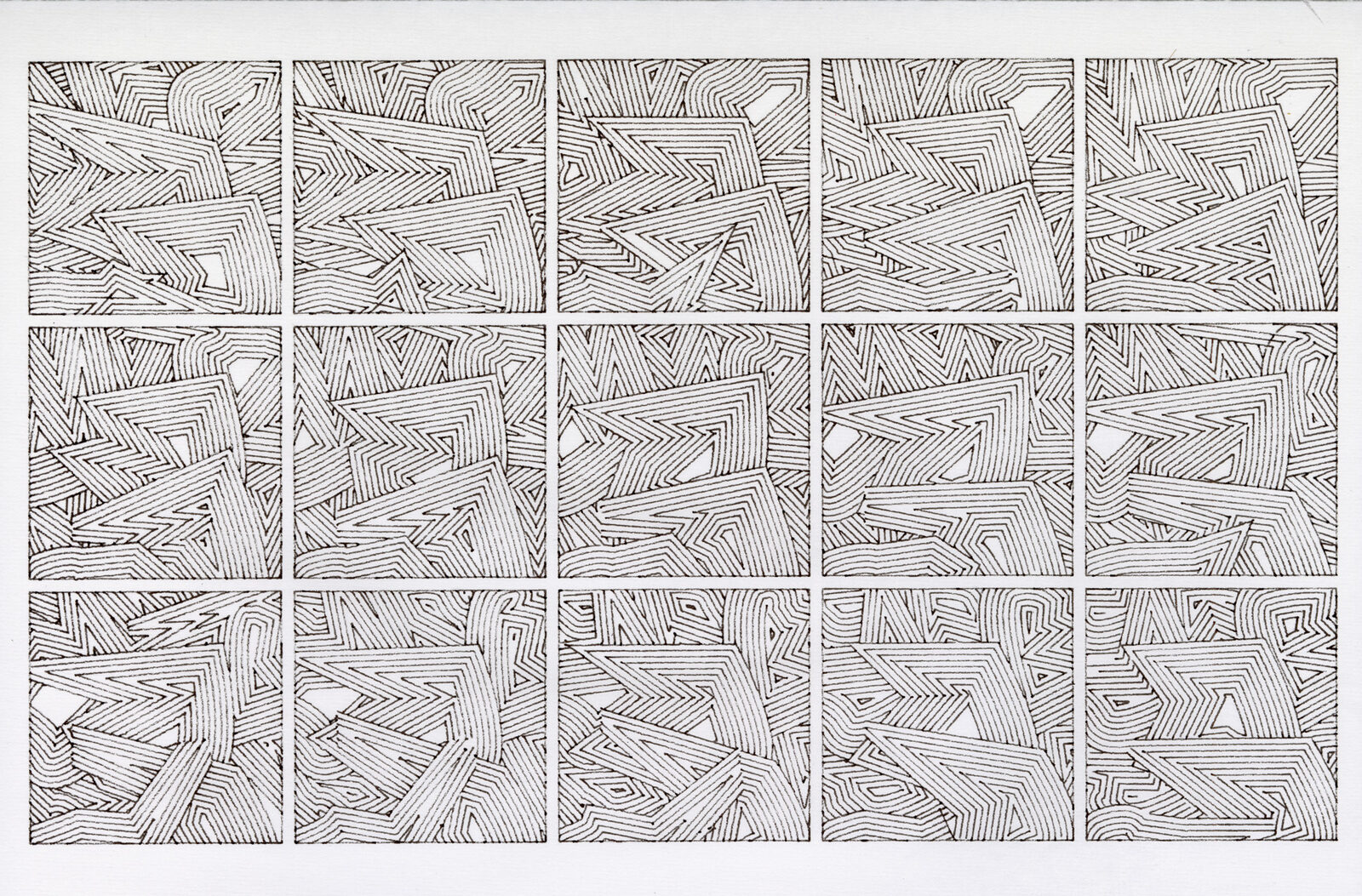 Daniel Savage zigzag pen plotter print, dense black and white zigzag line pattern, abstract generative illustration