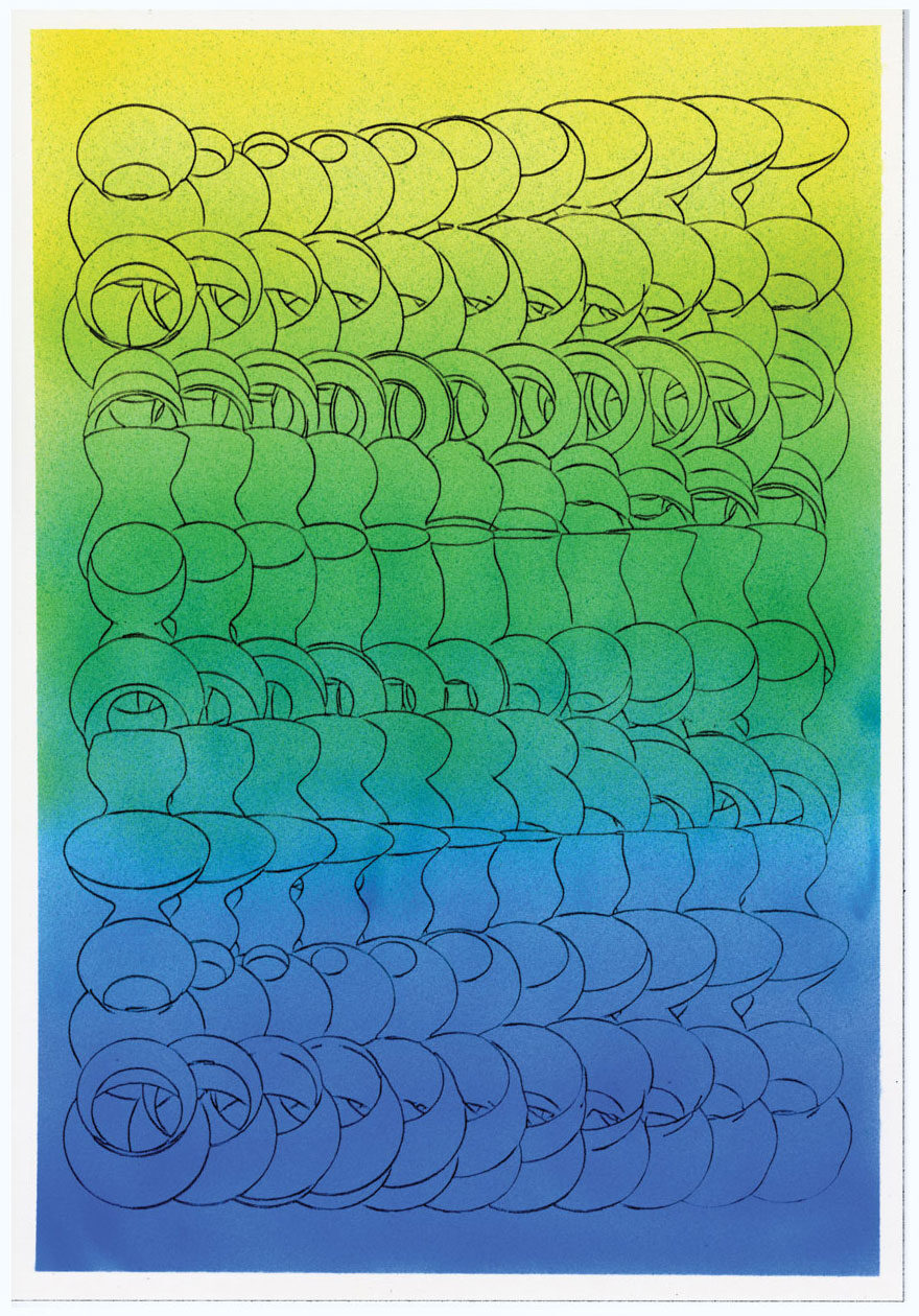 Daniel Savage stacked vase pen plotter still, layered ceramic forms drawn with fine line work, experimental illustration and generative design