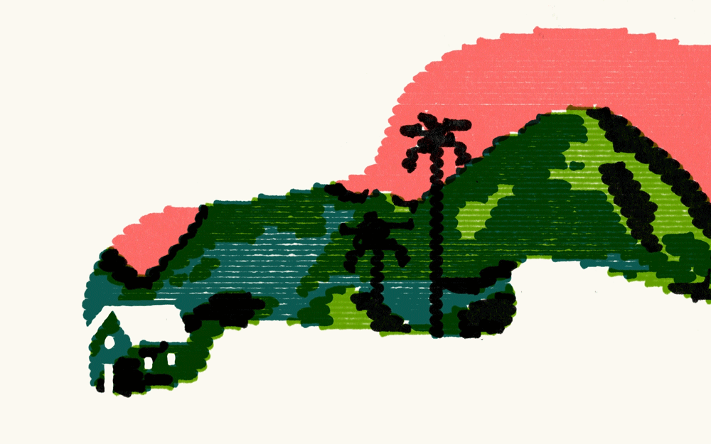 Daniel Savage animated illustration for LA Times editorial piece What We Lost in the Fires, pen plotter animation exploring loss and landscape