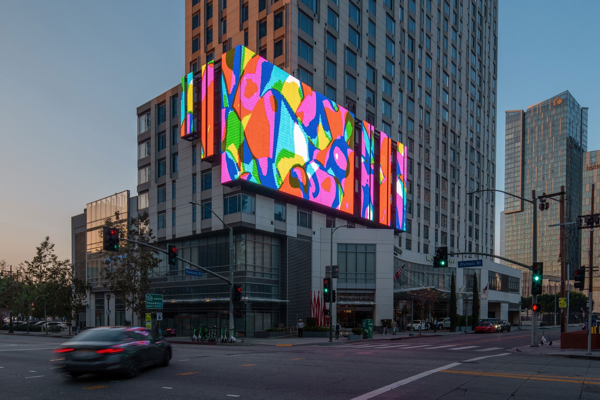 Daniel Savage large-scale public art for Marriott DTLA by Standard Vision, LED installation photograph in Downtown Los Angeles